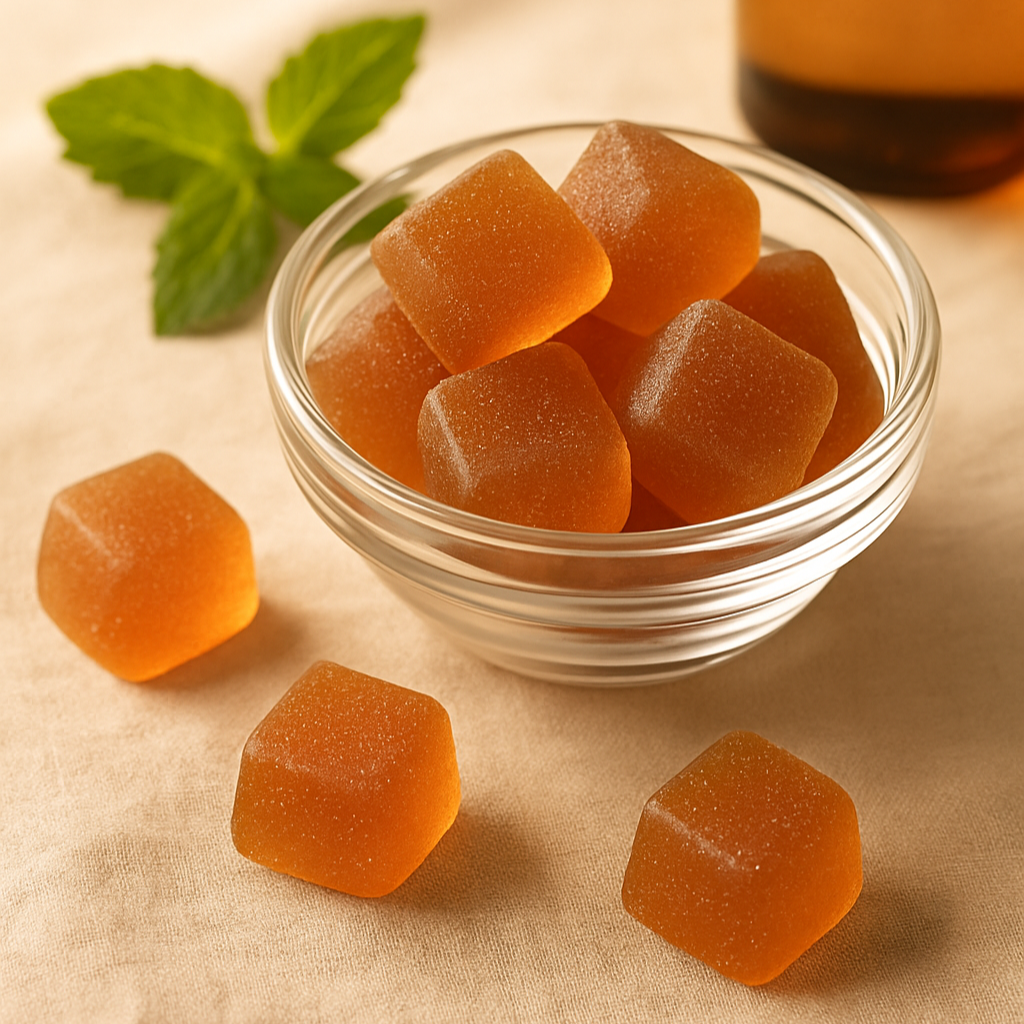 Clear glass bowl filled with orange gummy bears on a beige surface with a bottle and mint leaves in the background.