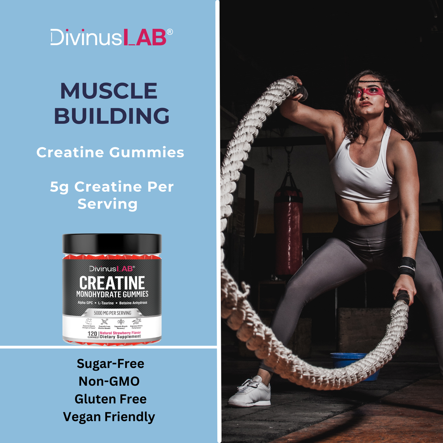 Creatine Monohydrate Gummies – Strawberry Flavor, 120 Count, 5g per Serving, Vegan