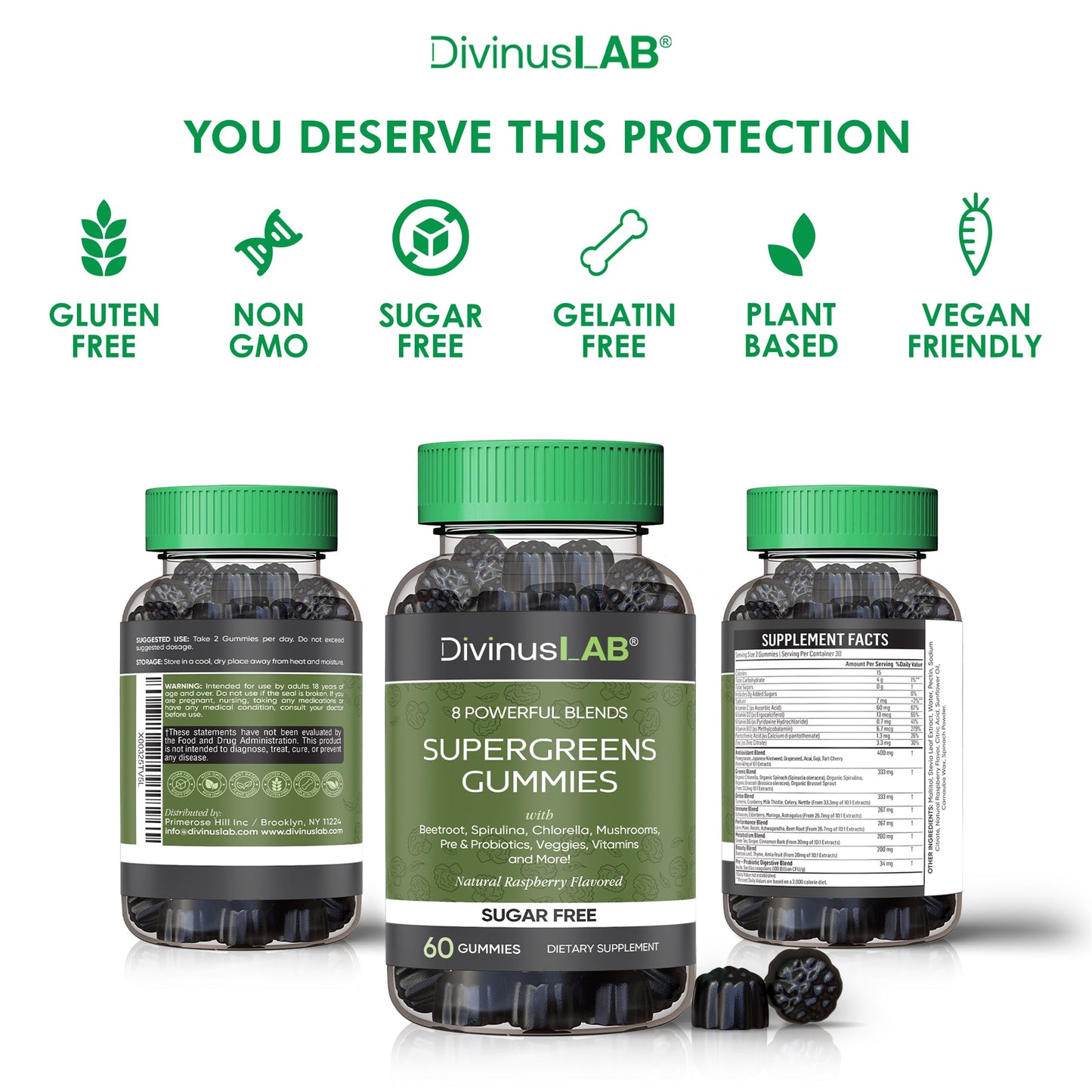 Sugar-Free Supergreens Gummies – Raspberry Flavor, 60 Count – with Greens, Mushrooms, Probiotics, and Plant-Based Ingredients