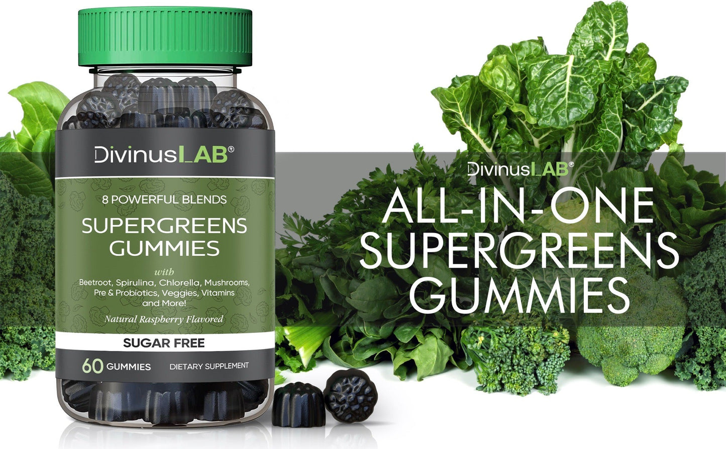 Sugar-Free Supergreens Gummies – Raspberry Flavor, 60 Count – with Greens, Mushrooms, Probiotics, and Plant-Based Ingredients