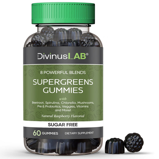 Sugar-Free Supergreens Gummies – Raspberry Flavor, 60 Count – with Greens, Mushrooms, Probiotics, and Plant-Based Ingredients
